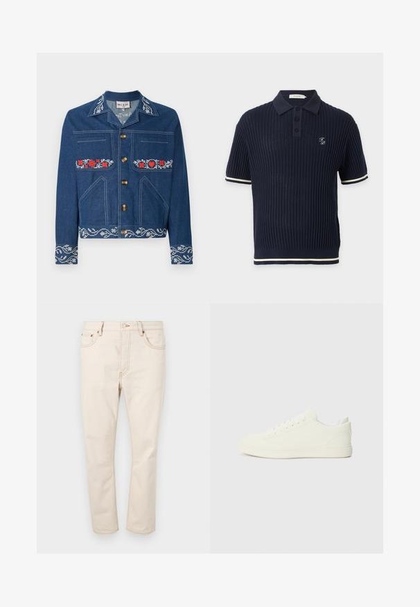 Denimjakke i mørkeblå med røde blomsterbroderier, guldknapper, brystlomme og sidelommer samt en mønstret kant.; Navyblå, ribstrikket kortærmet poloshirt med tre knapper, hvide kanter på ærmer og kant samt lille hvid broderet logo på brystet.; Beige denim jeans med lige ben, der har fem lommer, kontrastsyninger og lukning med knap i taljen.; Hvide sneakers med en glat overflade, rund tå og traditionel snøring, med et minimalistisk design og gummisål.