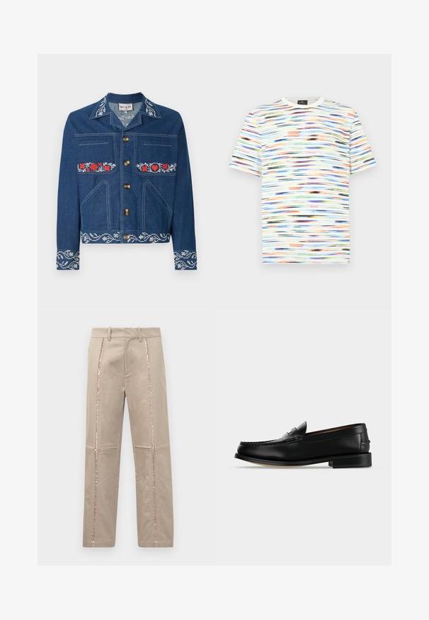 Denimjakke i mørkeblå med røde blomsterbroderier, guldknapper, brystlomme og sidelommer samt en mønstret kant.; Multifarvet T-shirt med horisontale penselstrøgsmønstre i nuancer af blå, orange, grøn og sort på en hvid baggrund. Kortærmet.; Beige bukser med lige skæring, der har rosaguld glitrende sidelister og subtile stikninger på benene.; Sort læder herre loafer med lav hæl og mokkasinsyning på tåen, vist fra siden på en ensfarvet baggrund.