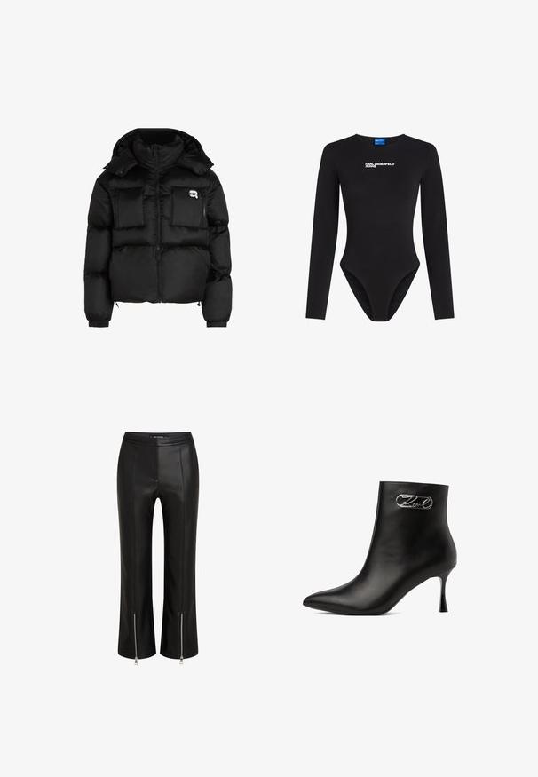 Sort oppustelig jakke med høj krave, lynlåslukning foran, to store forlommer og elastiske manchetter. Glat, blankt stof med hætte.; Sort langærmet bodystocking lavet af glat stof, med rund halsudskæring og Karl Lagerfeld Jeans logo i hvidt henover brystet.; Sorte læderbukser med en tætsiddende pasform, der har lynlåslukninger ved kanten, flad front og synlige sømdetaljer. Glat tekstur hele vejen igennem.; Sort læderankelstøvle med spids tå, tynd hæl og sølv dekorativ spænde på ydersiden nær toppen.