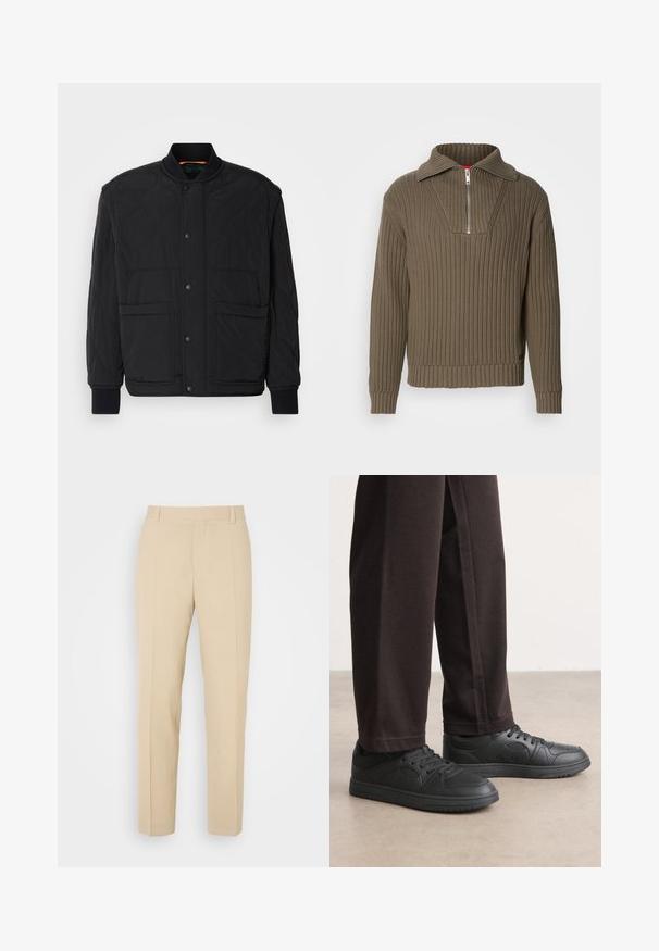 Schwarze gesteppte Jacke mit geripptem Kragen, vorderem Druckknopfverschluss und zwei großen Taschen. Sie hat eine glatte Textur und ein gepolstertes Design.; Brauner gerippter Pullover mit einem halben Reißverschluss und einem weiten Kragen. Verfügt über einen strukturierten Stoff und einen leicht verkürzten Saum. Schlichtes Design.; Beige maßgeschneiderte Hosen mit geradem Bein, aus leichtem Stoff, mit zwei vorderen Taschen und ordentlich gebügelten Falten.; Schwarze Sneakers mit einer glatten, lederähnlichen Textur, runder Zehenpartie und Schnürdesign. Kombiniert mit dunklen, locker sitzenden Hosen. Flache Gummisohle.