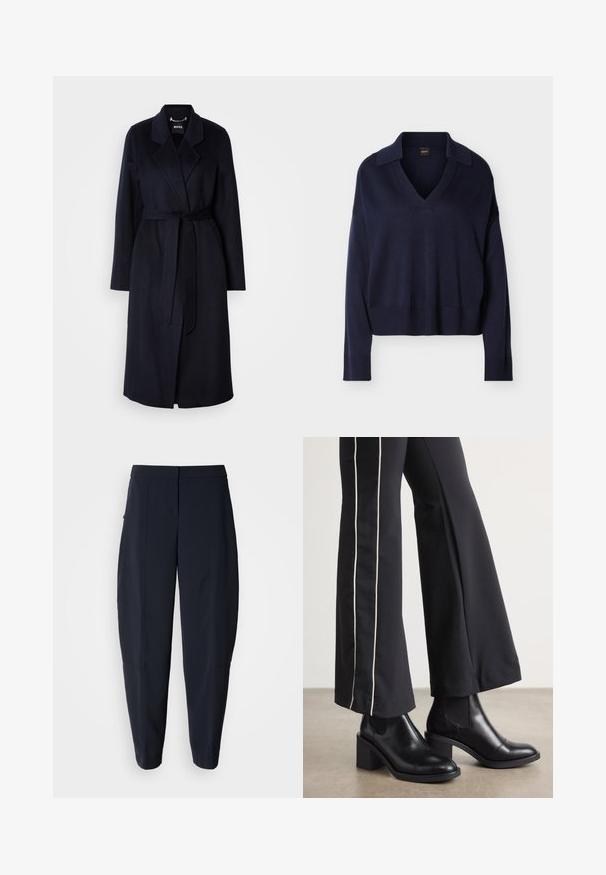 Abrigo de lana azul marino oscuro con cintura ceñida por un cinturón, cuello con muesca, mangas largas y un dobladillo a media longitud. Textura suave, diseño minimalista, sin patrones visibles.; Suéter de manga larga azul marino con cuello en V, collar, puños y dobladillo acanalados, mostrado sobre un fondo blanco liso.; Pantalones azul marino entallados con cintura de talle medio y bolsillos laterales, con detalles sutiles de costuras a lo largo de las piernas.; Botines de cuero negro con tacón cuadrado, con paneles laterales elásticos. Combinados con pantalones negros que tienen una franja blanca lateral.