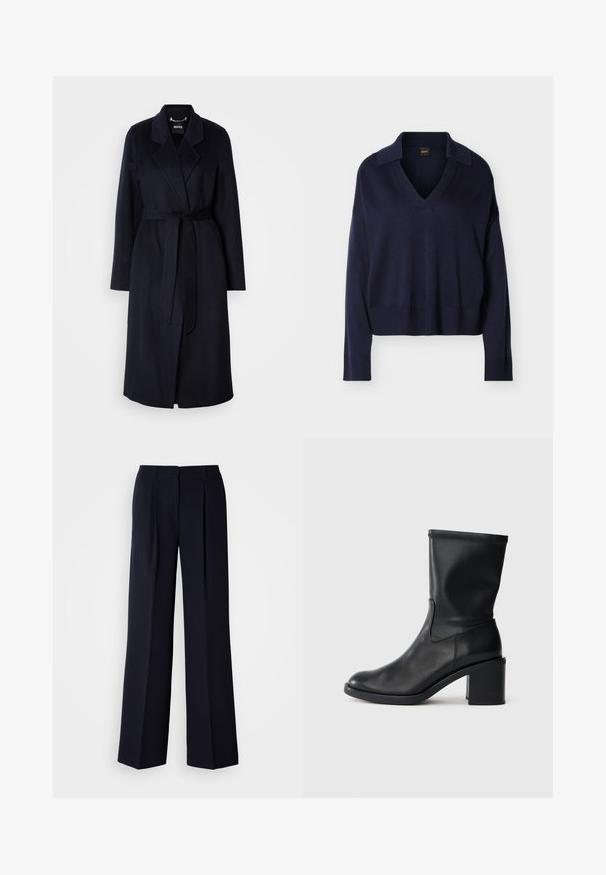 Mørkeblå uldfrakke med bælte i taljen, klippede krave, lange ærmer og en mellemlang kant. Glat tekstur, minimalistisk design, ingen synlige mønstre.; Mørkeblå langærmet V-hals sweater med krave, ribbede manchetter og kant, vist på en ensfarvet hvid baggrund.; Marineblå bukser med vide ben og plissé, lavet af glat stof. Har en skræddersyet talje og en slank silhuet.; Sort læder ankelstøvle med rund tå, glat tekstur og en grov hæl, der har et tætsiddende skaft og subtil syning.