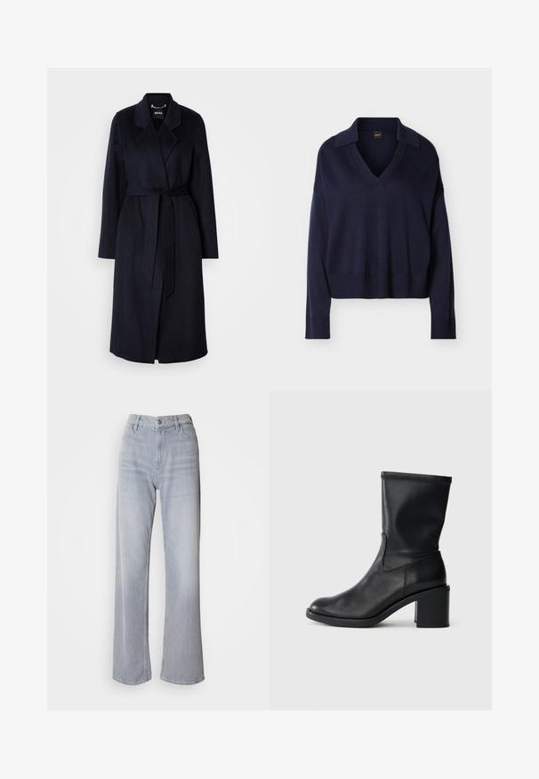 Mørkeblå uldfrakke med bælte i taljen, klippede krave, lange ærmer og en mellemlang kant. Glat tekstur, minimalistisk design, ingen synlige mønstre.; Mørkeblå langærmet V-hals sweater med krave, ribbede manchetter og kant, vist på en ensfarvet hvid baggrund.; Lys grå vidde jeans med høj talje, lavet af denim. Har forlommer, lynlås og subtil falmen over det hele.; Sort læder ankelstøvle med rund tå, glat tekstur og en grov hæl, der har et tætsiddende skaft og subtil syning.