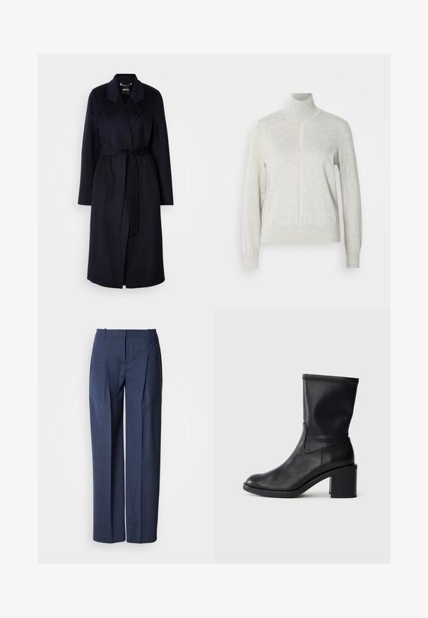 Tume merevillane mantel, vöödiga talje, nurgelise krae, pikad varrukad ja keskmise pikkusega äär. Sile tekstuur, minimalistlik disain, nähtavad mustrid puuduvad.; Helehall särg kõrge krae ja neljandikku tõmblukkuga. Valmistatud pehmest, tekstuurses materjalist, millel on pikad varrukad ja kitsas ääre.; Tumesinised kohandatud püksid, millel on voldid, vööaasad ja eesmine tõmblukuga sulgur, valgel taustal.; Must musta säärik, millel on ümar tera, sile tekstuur ja jäme konts, omades sobivat varrast ning peent õmblusdetaili.