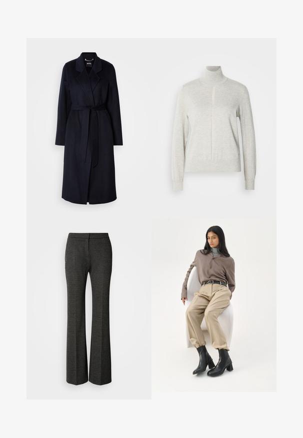 Manteau en laine bleu marine foncé avec une taille ceinturée, un col en V, des manches longues et une longueur mi-mollet. Texture lisse, design minimal, sans motifs visibles.; Pull léger gris avec un col haut et une fermeture éclair quart. Fabriqué à partir d'un matériau doux et texturé, il présente des manches longues et un ourlet ajusté.; Pantalons grisonnants évasés en tissu texturé. Présentent un devant plat, une silhouette ajustée et un motif en chevron subtil sur l'ensemble.; Femme aux longs cheveux noirs appuyée sur une chaise blanche courbée, portant un chemisier taupe, un pantalon beige, une ceinture noire et des bottines noires à talons.