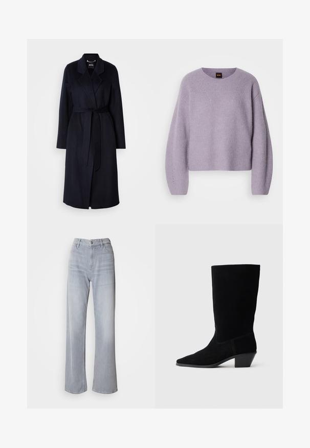 Tummansininen villakangastakki, jossa on vyöllinen vyötärö, lankakäyräkaulus, pitkät hihat ja puolipitkä helma. Silkkinen materiaali, minimalistinen muotoilu, ei havaittavia kuvioita.; Vaaleanlila neulottu neulepaita, jossa on pyöreä kaula-aukko, roikkuneet olkapäät ja ribbitetty pinta. Sisältää hienovaraisen ompelukuvion saumoissa.; Vaaleanharmaat, leveälahkeiset farkut, joissa on korkea vyötärö ja jotka on valmistettu denimestä. Ominaisuuksiin kuuluvat etupockets, vetoketjusulku ja hienovarainen haalistuminen ympäriinsä.; Musta mokka nilkkuri, jossa on terävä kärki, keskipitkä varsi ja paksu korko. Ominaisuuksia ovat vähäinen ompelu ja sileä pinta.