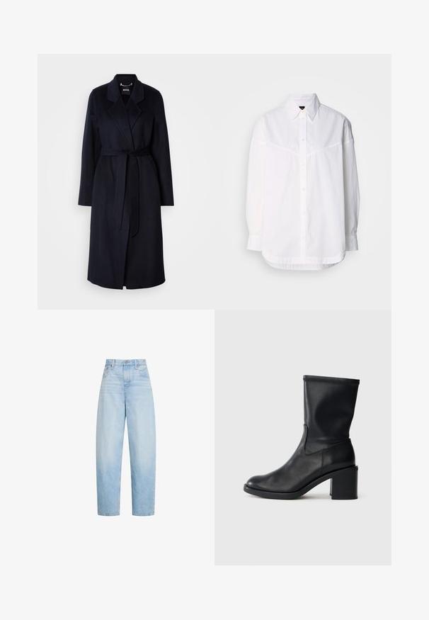 Tume merevillane mantel, vöödiga talje, nurgelise krae, pikad varrukad ja keskmise pikkusega äär. Sile tekstuur, minimalistlik disain, nähtavad mustrid puuduvad.; Valge pika varrukaga särk, mis on valmistatud puuvillast, funktsioonid nööbiga krae, eesmine nööpide rida ja lõdva lõikega koos peente õmblusdetailidega.; Hele sinised kõrge vöökohaga sirge säärega teksad, ees taskud, vööaugud ja nööpidega kinnitamine.; Must musta säärik, millel on ümar tera, sile tekstuur ja jäme konts, omades sobivat varrast ning peent õmblusdetaili.