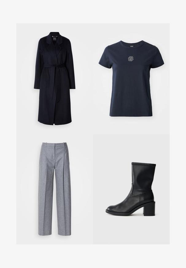 Manteau en laine bleu marine foncé avec une taille ceinturée, un col en V, des manches longues et une longueur mi-mollet. Texture lisse, design minimal, sans motifs visibles.; T-shirt en coton bleu marine à manches courtes, col rond, avec un petit logo en strass sur la partie gauche de la poitrine.; Pantalons larges gris clair en tissu texturé, avec des plis à l'avant et une taille cintrée. Design minimaliste, sans matériel visible.; Botte en cuir noir à cheville avec un bout rond, texture lisse et un talon épais, présentant un tige ajustée et un subtil détail de couture.