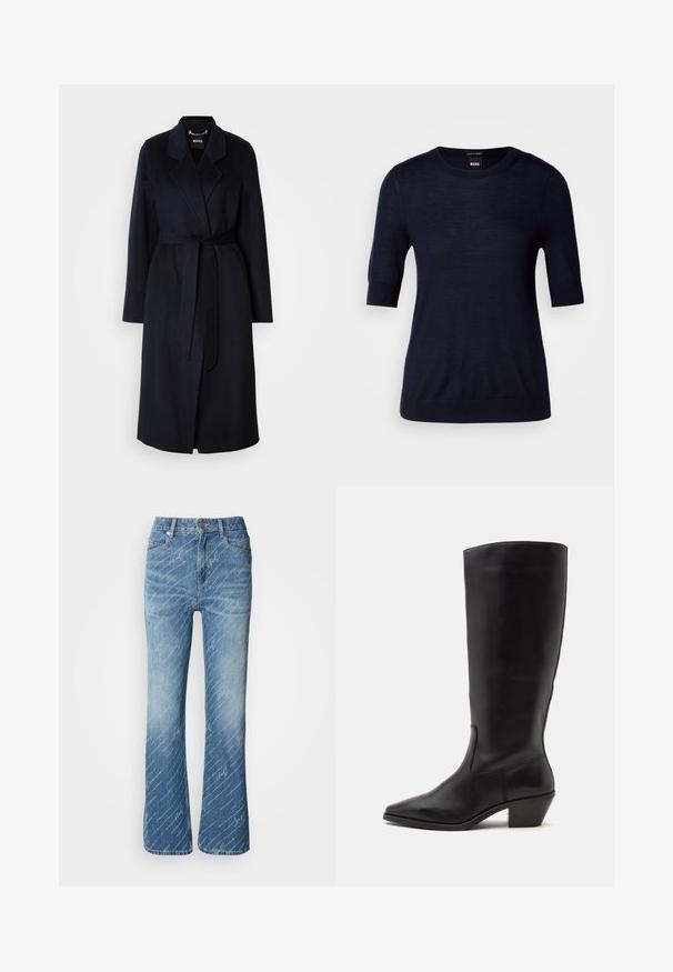 Mørkeblå uldfrakke med bælte i taljen, klippede krave, lange ærmer og en mellemlang kant. Glat tekstur, minimalistisk design, ingen synlige mønstre.; Marineblå kortærmet sweater lavet af let strikket stof. Har en rund halsudskæring og ribbede kanter for en tætsiddende look.; Flares jeans i blå denim med lys vask, diagonalt hvidt tekstmønster, fem-lomme design og metalknap lukning.; Sort læderstøvle til midtkalv med spids tå og lavt skråt hæl på en enkel lys baggrund.