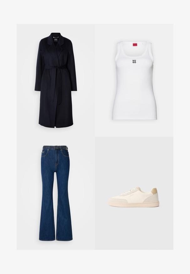 Mørkeblå uldfrakke med bælte i taljen, klippede krave, lange ærmer og en mellemlang kant. Glat tekstur, minimalistisk design, ingen synlige mønstre.; Hvid tanktop lavet af bomuld, med et enkelt design og en rund halsudskæring samt et sort "HUGO" logo i midten. Glat tekstur.; Blå denim flared jeans med høj talje, kontraststing og et vævet bælte med flettet design. Glat tekstur og klassisk stil.; Hvide sneakers med ruskindsdetaljer i lysegrå og tan, med rundet snude, flade snørebånd og tekstureret gummisål. Logo på siden.