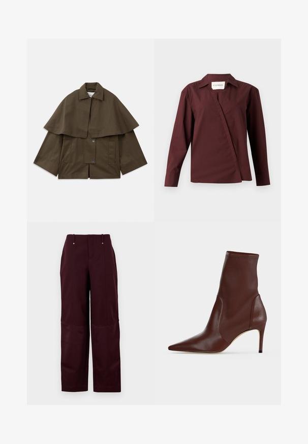 Hnedá, štvorcová bunda s golierom a plášťovitou prekrytím. Obsahuje dve predné vrecká a zapínanie na zacvaknutie. Štruktúrovaný bavlnený materiál.; CLOSED ASYMMETRIC SHIRT - Blúzka so zapínaním na gombíky - dark raisin red; Burgundské nohavice s voľným strihom, charakterizované hladkým povrchom, dvoma prednými vreckami a dvoma dekoratívnymi gombíkmi na páse.; Tmavohnedá kožená členková topánka s špicatou špičkou a úzkym vysokým podpätkom na jednoduchom svetlom pozadí.