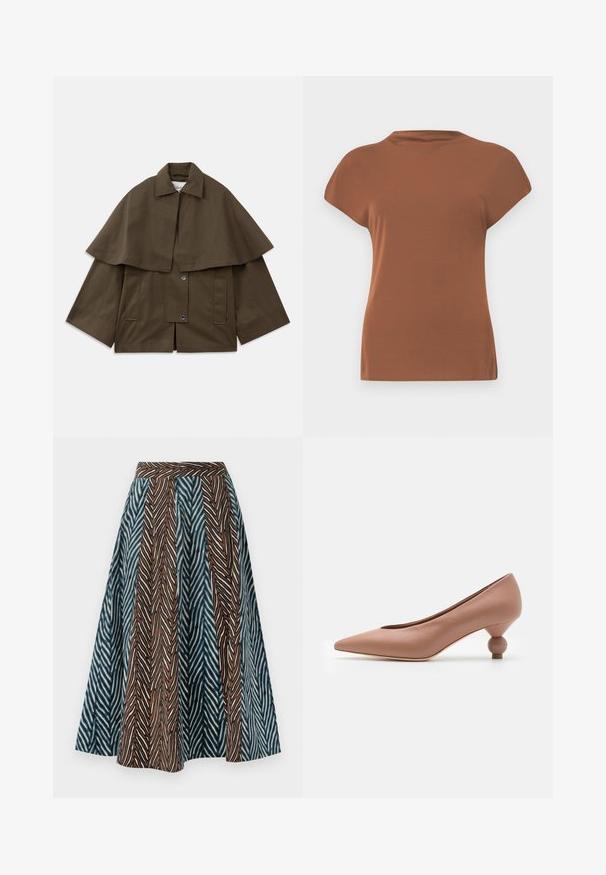 Veste marron, de forme carrée, avec un col et un superposé semblable à une cape. Elle possède deux poches à l'avant et des fermetures à pression pour le maintien. Matériau en coton structuré.; Haut marron à manches courtes en tissu doux, avec un col rond et une coupe décontractée, au toucher doux et sans motifs visibles.; Jupe midi marron et bleue avec un motif zigzag, un design plissé et une taille ajustée. Fabriquée en tissu léger.; Weekend Max Mara RENZA - Escarpins - nudo