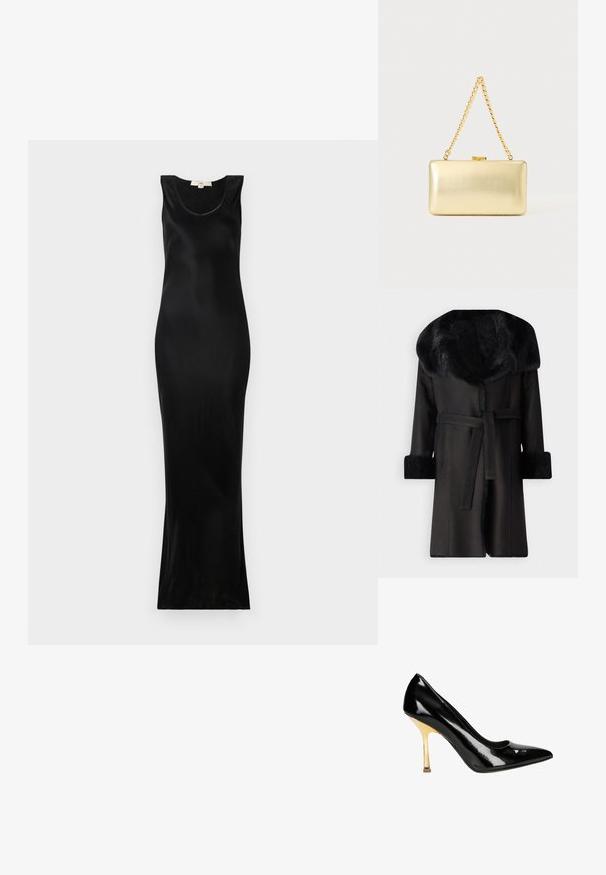 Manteau noir avec un large col en fausse fourrure, des poignets texturés et une ceinture à la taille. Matière lisse avec une silhouette droite et un devant ouvert.; Robe maxi sans manches noire en tissu lisse ; présente un col arrondi et une silhouette ajustée se rétrécissant vers l'ourlet.; Des escarpins en cuir verni noir avec un bout pointu et un talon aiguille en or. Fini lisse et brillant avec un design découpé subtil au niveau de la cheville.; Pochette rectangulaire dorée à finition brillante, fermoir en métal et courte anse en chaîne dorée sur un fond uni clair.