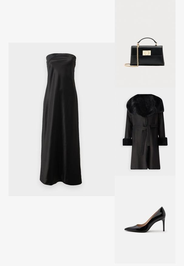Abrigo negro con un amplio cuello de piel sintética, puños texturizados y un cinturón en la cintura. Material suave con una silueta recta y abertura en la parte delantera.; Vestido largo sin mangas de satén negro, con un diseño sencillo, textura suave y silueta fluida.; Zapato de charol negro de tacón alto con punta afilada y tacón de aguja, mostrado de perfil sobre un fondo blanco liso.; Bolso de mano de cuero negro con una forma estructurada, que cuenta con un asa superior y una correa de cadena en tono dorado. Herrajes decorativos dorados con detalle de logo.