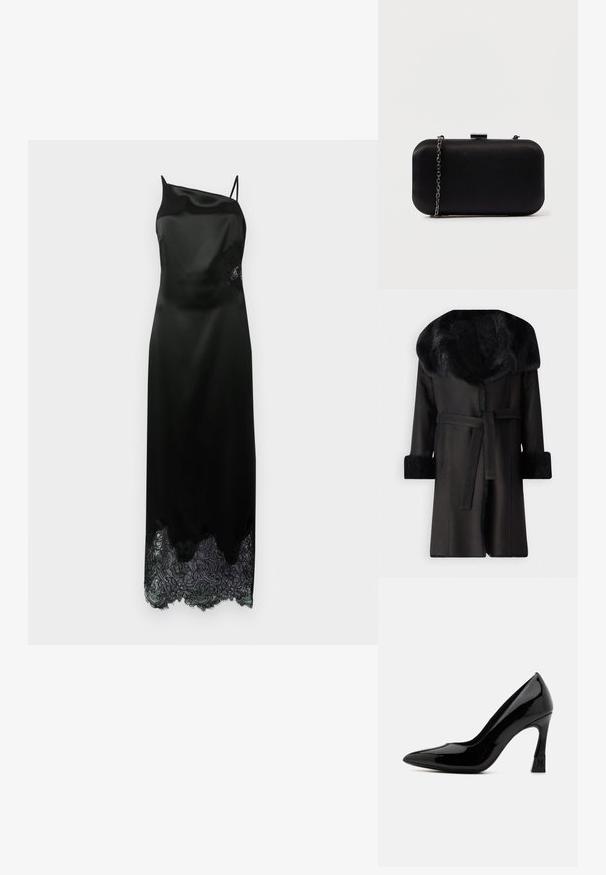 Abrigo negro con un amplio cuello de piel sintética, puños texturizados y un cinturón en la cintura. Material suave con una silueta recta y abertura en la parte delantera.; Vestido de satén negro con una sola tirante, con un dobladillo de encaje ondulado y detalle de encaje floral en el costado. Textura suave en toda su extensión.; Zapato de tacón alto de charol negro con punta afilada y tacón cuadrado que presenta un acento de logo. Textura de superficie suave y brillante.; Clutch rectangular negro hecho de material suave. Cuenta con una correa de cadena desmontable y un cierre metálico en la parte superior. Diseño simple con bordes redondeados.