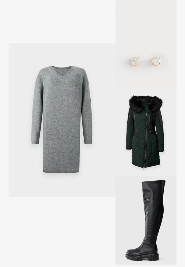 Grøn polstret frakke med en sort faux fur hætte, kviltet tekstur, sidelommer med lynlås og ribbede sorte detaljer på ærmer og skuldre.; Langærmet grå strikket sweatkjole med V-hals og ribbede manchetter og kant, vist på ensfarvet hvid baggrund.; Sorte knæhøje støvler lavet af glat kunstlæder. Tykkes, klumpede gummisål med rund tå og med et design, der gør det let at tage dem på.; Guld-tone stud øreringe med runde, klare cubic zirconia sten, der har fire prongsindstillinger for sikker fastgørelse og en poleret finish.
