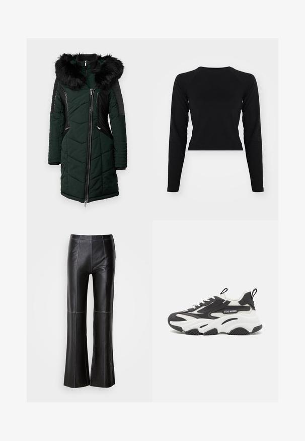 Grøn polstret frakke med en sort faux fur hætte, kviltet tekstur, sidelommer med lynlås og ribbede sorte detaljer på ærmer og skuldre.; Sort langærmet crop top med rund hals og raglanærmer. Glat tekstur, minimalistisk design og ingen synlige mønstre eller hardware.; Sorte læderbukser med flare, der har kontrasterende blå syninger, glat tekstur, høj talje og tætsiddende silhuet.; Steve Madden POSSESSION-E - Sneakers - black/white