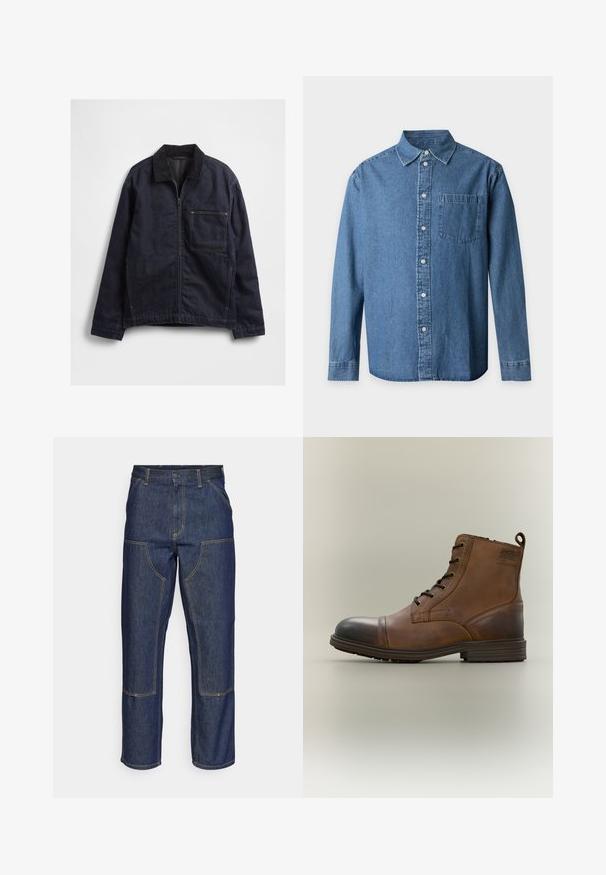 Veste en denim bleu foncé avec fermeture éclair à l'avant, col en velours côtelé, manches longues, et une grande poche carrée sur la poitrine, sur fond blanc.; Chemise en denim bleu à manches longues avec col et une poche poitrine sur un fond clair uni.; Jeans en denim bleu foncé avec une taille haute, une coupe droite, des coutures contrastantes et des poches appliquées à l'avant.; Botte cheville en cuir marron à lacets avec bout noir, semelle ronde et détail de marque sur le côté sur fond uni.