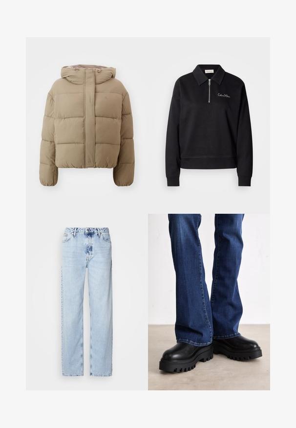 Calvin Kleini puffer-jakk beezhjas, millel on kapuuts, kastitaoline disain, tikandit säilitav tekstuur ja venitatavad mansetid. Logo on esiküljel kergelt muljutud.; Mustast pullover-tüüpi topp lukuga ees, kraega ja pikkade varrukatega. Rinnal valge tikitud brändinimi. Pehme kangatüüp.; Heledad sinise värvi laiad teksad, mis on valmistatud denimist, kõrge vöökoht, pleekinud pesu ja peen tie-dye muster ettepoole.; Kohmakad mustad platvormitossud tekstuuritud kummitaldadega, ümmargune nina ja siledast nahast peal, kombineeritud siniste laienevate teksadega.