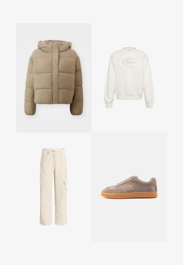 Pufová bunda Calvin Klein v béžovej farbe s kapucňou, s boxy strihom, prešívanou textúrou a elastickými manžetami. Logo diskrétne embosovaná na prednej strane.; Biela mikina s okrúhlym výstrihom, dlhými rukávmi a rebrovanými manžetami, s nenápadným logom Calvin Klein vyšívaným na hrudi.; Béžové cargo nohavice vyrobené z ľahkej látky, s rovnými nohavicami, bočnou kapsou a jemnými ševmi.; Nízke tenisky v taupe farbe s béžovými semišovými detailmi, gumovou podrážkou, šnurovaním vpredu a vyrazeným logom "cK" na bočnom paneli.