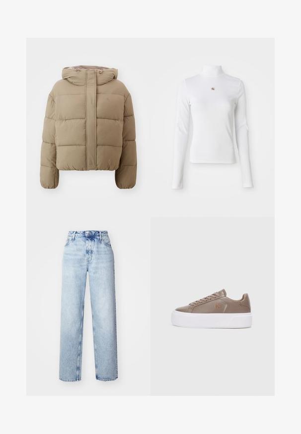 Pufová bunda Calvin Klein v béžovej farbe s kapucňou, s boxy strihom, prešívanou textúrou a elastickými manžetami. Logo diskrétne embosovaná na prednej strane.; Dlhý rukáv, biely rolák vyrobený z ryhľovanej látky. Obsahuje malé vyšívané logo v strede. Priliehavý strih bez vzorov.; Svetlomodré vysooko nasadené džínsy s voľným strihom, priamymi nohavicami, piatimi vreckami a klasickým zapínaním na gombík a zips.; Béžové kožené tenisky s okrúhlou špičkou, bielou platformovou podrážkou a hnedými šnúrkami. Obsahuje malé logo na boku. Minimalistický dizajn.