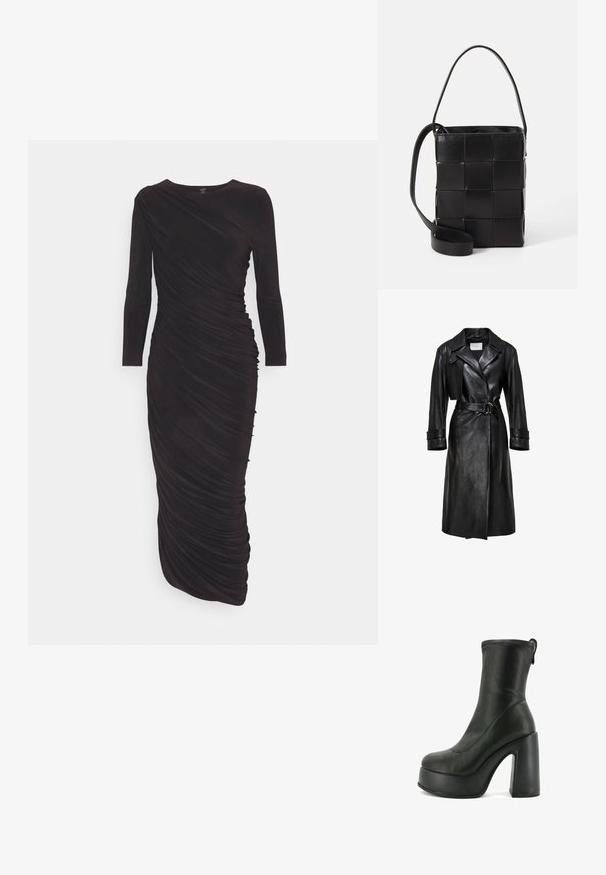 Zwarte leren trenchcoat met brede revers, een ceintuur met een dubbele ringgesp in de taille, lange mouwen en mouwbandjes.; Norma Kamali DIANA GOWN - Jerseyjurk - black; Zwarte leren enkelboot met een hoge plateauzool en stevige hak. Gladde textuur met stiksels en een trekhaak aan de achterkant.; Zwarte leren tas met een geweven ontwerp. Rechthoekige vorm, korte handgreep en verstelbare schouderband. Soepele textuur met een matte afwerking.
