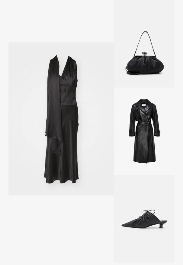 Zwarte leren trenchcoat met brede revers, een ceintuur met een dubbele ringgesp in de taille, lange mouwen en mouwbandjes.; Zwart satijnen avondjurk met een diepe V-hals, kantdetails in de taille en een vloeiende omslag die elegant valt.; Zwarte leren instappers met een spitse neus, gegatherde textuur en een kleine kittenhiel. Heeft een trekkoorddetail aan de opening.; Weekend Max Mara CUBICO - Clutch - schwarz
