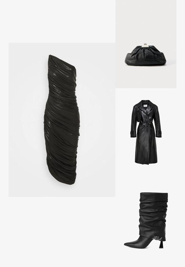 Sort læder trenchcoat med brede klaffer, belted talje med dobbelt-ring spænde, lange ærmer og manchetter med stropper.; Sort, en-skulder kjole lavet af et glinsende materiale. Har en samlet struktur og en tætsiddende silhuet, der når til midten af læggen.; Sort slasket læderstøvle med høje hæle, spids tå og sølvfarvet "Karl" logo nær hælen på hvid baggrund.; Sort læderclutch med en samlet tekstur, metal lukning og diskret præget logo på forsiden. Rundet form.