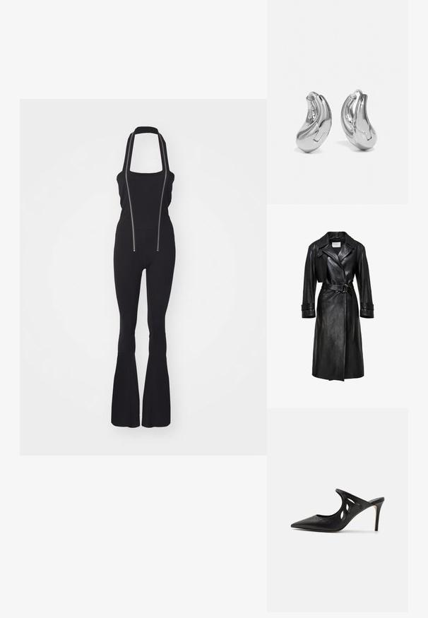 Sort læder trenchcoat med brede klaffer, belted talje med dobbelt-ring spænde, lange ærmer og manchetter med stropper.; Sort jumpsuit med kvadratisk udskæring, justerbare stropper og to frontlynlåse; tætsiddende silhuet med flagrende ben og glat tekstur.; Sorte læder højhælede mules med spids tå, udskåret sideskærm og glat tekstur. Stiletthæl og subtil syning.; Sølvøreringe med en buet, blank finish og et sømløst design. Har en hængsellukning for sikker bæring.