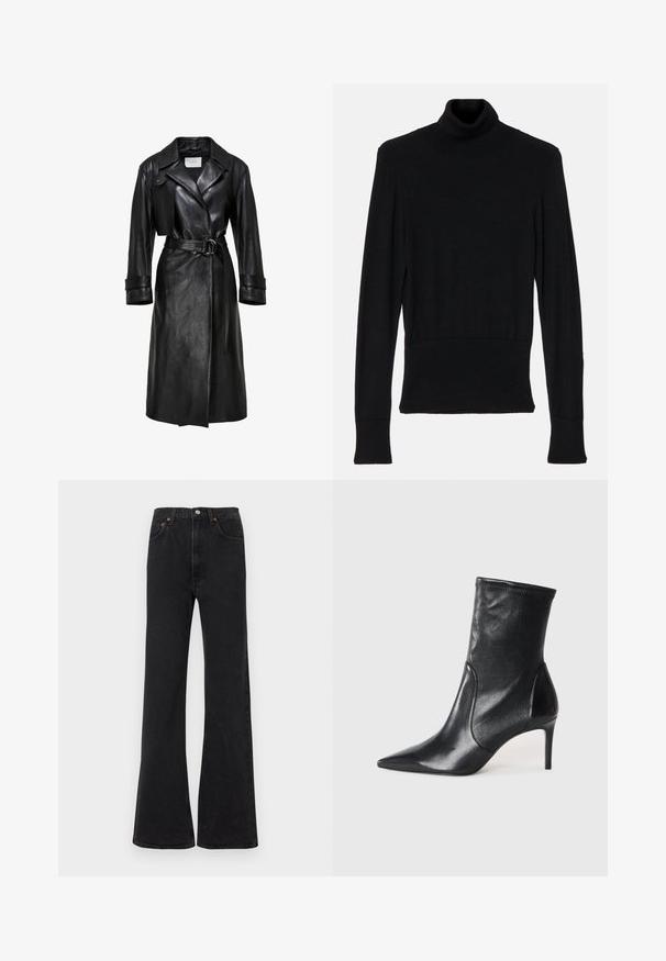 Zwarte leren trenchcoat met brede revers, een ceintuur met een dubbele ringgesp in de taille, lange mouwen en mouwbandjes.; AERON TENDER LONG SLEEVED - Trui - black; Zwarte jeans met wijde pijpen en een hoge taille, gemaakt van denim. Voorzien van vijf zakken en oranje stikselaccenten. Gladde textuur met een klassieke snit.; Zwarte enkelboots van soepel leer, met een spitse neus, een aangesloten schacht en een slanke hoge hak. Minimalistisch ontwerp zonder zichtbare hardware.