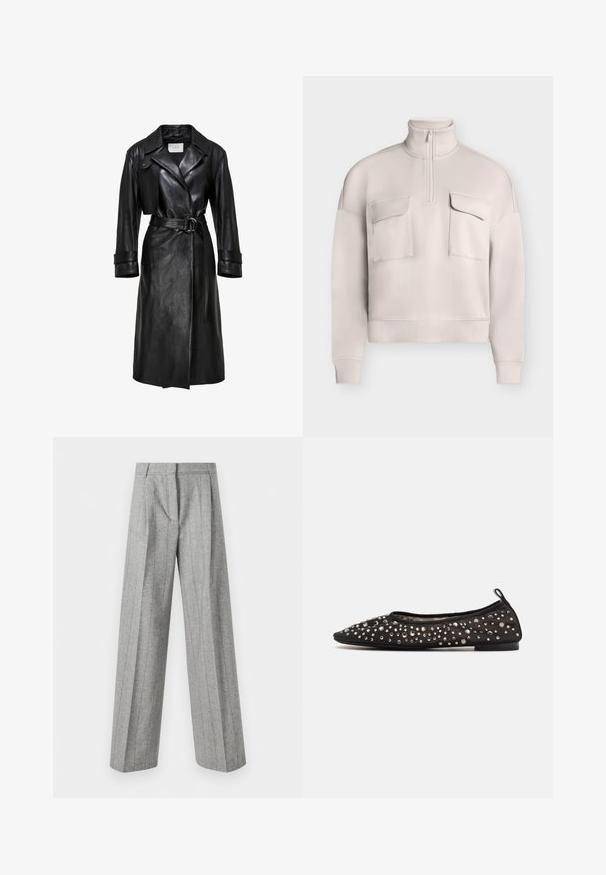 Zwarte leren trenchcoat met brede revers, een ceintuur met een dubbele ringgesp in de taille, lange mouwen en mouwbandjes.; Lichtbeige pullover met lange mouwen, hoge kraag, een kwart ritssluiting aan de voorkant en twee grote klepzakken op de borst.; Hoge taille grijze broek met verticale streepjes en wijde rechte pijpen, weergegeven tegen een witte achtergrond.; Zwarte platte schoen met een puntige neus, versierd met verschillende metalen strasssteentjes, zachte bovenkant van stof en een lage zwarte zool.