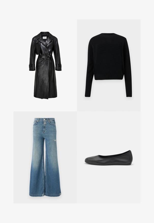 Zwarte leren trenchcoat met brede revers, een ceintuur met een dubbele ringgesp in de taille, lange mouwen en mouwbandjes.; Zwarte cropped trui van breiwerk. Heeft een ronde hals en ribbels aan de mouwen en onderkant. Eenvoudig, klassiek ontwerp zonder patronen of versieringen.; CLOSED GLOW UP - Wide leg - mid blue; Zwarte leren ballerina met een ronde neus, gladde textuur, minimale stikdetails en een flexibele zoolontwerp.