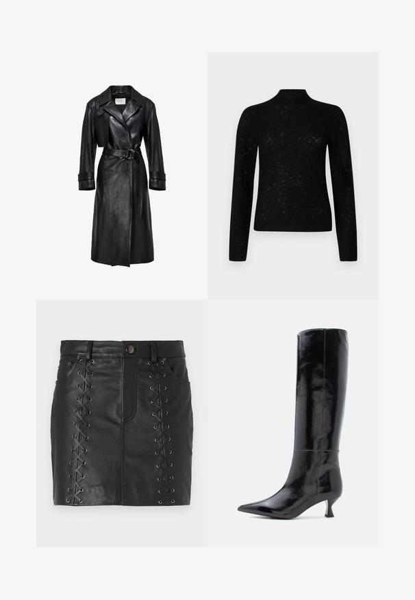 Sort læder trenchcoat med brede klaffer, belted talje med dobbelt-ring spænde, lange ærmer og manchetter med stropper.; Sort langærmet skjorte med høj krave, tekstureret stof og fine mønstre. Figursyet design med glat finish.; Sort læder mini nederdel med snøre detaljer i siderne med metal øsken, fem-lomme design og en tætsiddende silhuet.; Sorte læderknæhøje støvler med en glansfuld finish, spids tå og en lille, firkantet hæl. Glat tekstur, minimal syning.