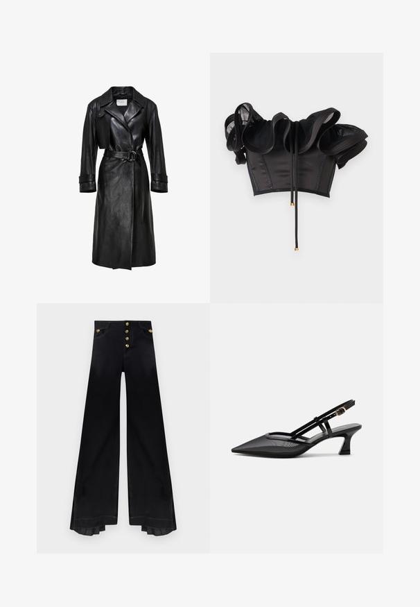Sort læder trenchcoat med brede klaffer, belted talje med dobbelt-ring spænde, lange ærmer og manchetter med stropper.; Sort off-shoulder crop top med flæset mesh-ærmer og forfra bindebånd med guldfarvede metalender, vist mod en ensfarvet lys baggrund.; Højtaljede sorte bukser med vide ben, fem guldknapper og plisserede detaljer inde i kanten.; Sort spids tå slingback-sko med mesh-øverdel, tynde stropper, guldlås og lav buet hæl på hvid baggrund.