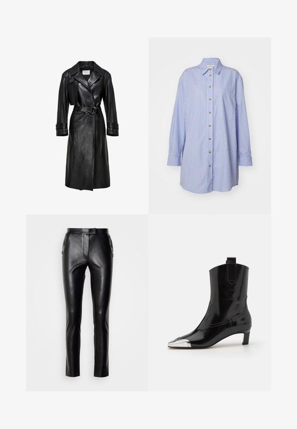 Sort læder trenchcoat med brede klaffer, belted talje med dobbelt-ring spænde, lange ærmer og manchetter med stropper.; Blå og hvidstribet skjorte med lange ærmer, knaplukning, krave og lomme. Lavet af let stof med en skarp tekstur.; Sorte læderbukser med slim fit, der har en frontlynlås, knaplukning og knapdetaljer på siderne. Glat tekstur.; ALOHAS SHIMMER BICOLOR BOOTS - Støvletter - black/silver