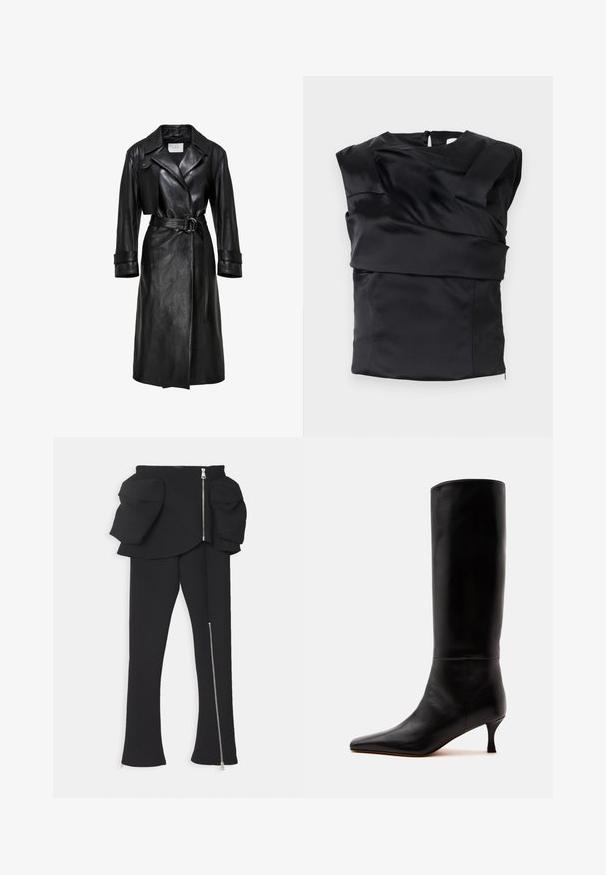 Sort læder trenchcoat med brede klaffer, belted talje med dobbelt-ring spænde, lange ærmer og manchetter med stropper.; Sort satin top med en struktureret design, brede skuldre og en asymmetrisk frontpanel, lukket med en lynlås i ryggen.; A.W.A.K.E. MODE BASQUE PANTS WITH ZIPS AND LARGE POCKETS - Bukser - black; Høj sort læderstøvle med spids tå og lav kittenhæl vist i sideprofil på ensfarvet baggrund.