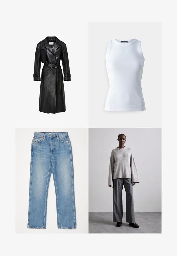 Zwarte leren trenchcoat met brede revers, een ceintuur met een dubbele ringgesp in de taille, lange mouwen en mouwbandjes.; Witte mouwloze top van ribstof, met een ronde halslijn en een getailleerde pasvorm. Soepele textuur, geen zichtbare patronen of accenten.; RE/DONE HIGH RISE - Straight leg jeans - worn blue; Grijze gebreide trui met brede mouwen en geribbelde onderrand, gecombineerd met hoge grijze broeken met een subtiel ruitenpatroon en zwarte loafers.
