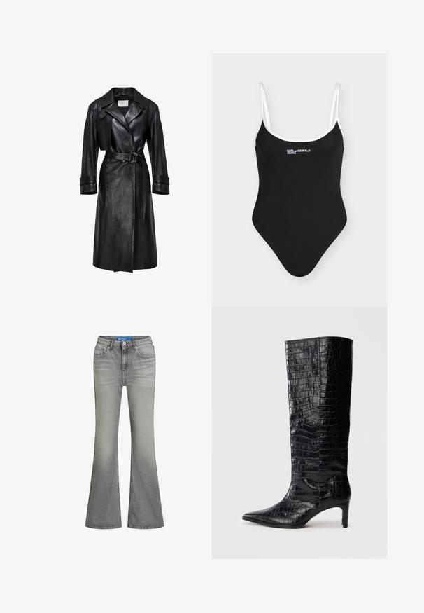 Sort læder trenchcoat med brede klaffer, belted talje med dobbelt-ring spænde, lange ærmer og manchetter med stropper.; Sort ribbet badedragt med tynde hvide stropper og hvidt "Karl Lagerfeld Jeans" logo på brystet.; Flared jeans i lysegråt denim med klassisk fem-lomme-design, lukning med metalknap og subtil falmning for tekstur.; Sorte knæhøje støvler med en blank, krokodillemønstret tekstur, spids tå og en affaset hæl. Glat syntetisk materiale.
