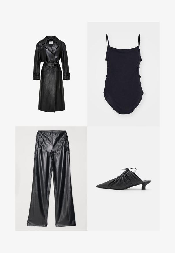 Must musta trench coat, laiade kraed, vöökoht topelt-rõngastega, pikad varrukad ja mansetirihmad.; Must have õhuke rihmadega must ilma varrukateta topp, mis on valmistatud pehmest kangast. Omab voolavaid külgi ja ümmargust ääreosa, mis tagab mugava istuvuse.; Mustad faux nahk-püksid, millel on sile tekstuur, laiad jalad ja õmblustetailed vöökohtadel ja külgedel. Paigutus lamades.; Mustad nahast libisemisega mullingud terava varbaga, volditud tekstuuriga ja väikese kitinõelaga. Omab tõmbluku detaili avas.