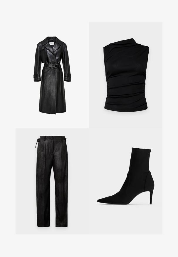 Manteau trench en cuir noir avec larges revers, taille ceinturée avec boucle à double anneau, manches longues et sangles aux poignets.; Haut sans manches noir avec encolure asymétrique, présentant un tissu froncé pour ajouter de la texture et une silhouette ajustée. Matière lisse et extensible.; Pantalons noirs taille haute en matière texturée. Présente une jambe droite, des plis et un cordon de serrage ajustable à la taille.; Bottine noire à bout pointu et talon haut et fin, présentée de profil sur fond clair. Design épuré et minimaliste.