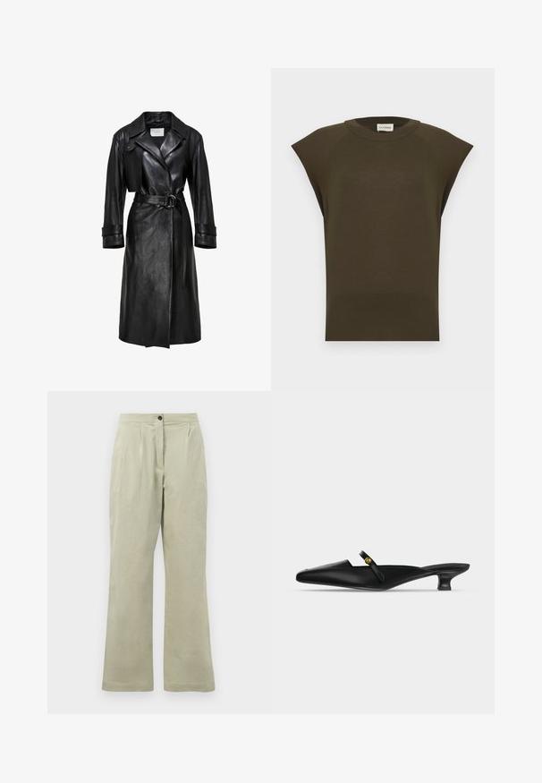 Sort læder trenchcoat med brede klaffer, belted talje med dobbelt-ring spænde, lange ærmer og manchetter med stropper.; Ærmeløs mørk olivengrøn striktop med rund hals og ribbet kant, vist fladt mod en lys baggrund.; Lysgrønne brede bukser lavet af blødt stof, med en frontknaplukning, plisseringer og en ren kant.; Sort mule med spids tå, lav kittenhæl og tynd rem over vristen med en lille guldknapdetalje.