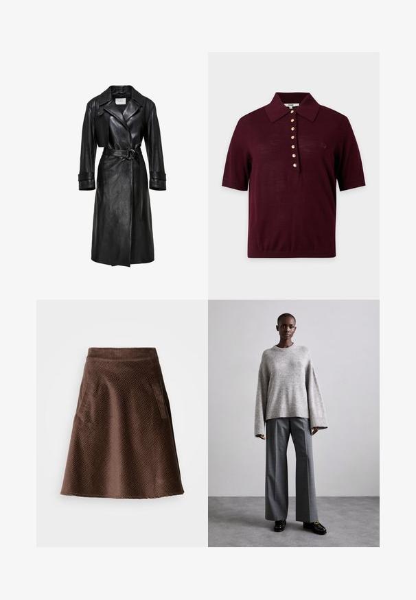 Zwarte leren trenchcoat met brede revers, een ceintuur met een dubbele ringgesp in de taille, lange mouwen en mouwbandjes.; Donker bordeauxrood poloshirt met korte mouwen, een brede kraag en een rij van zeven gouden knopen middenvoor.; Bruine fluwelen rok met een uitlopende vorm, voorzien van een gestructureerd oppervlak, diagonale ribbels en twee zijzakken.; Grijze gebreide trui met brede mouwen en geribbelde onderrand, gecombineerd met hoge grijze broeken met een subtiel ruitenpatroon en zwarte loafers.