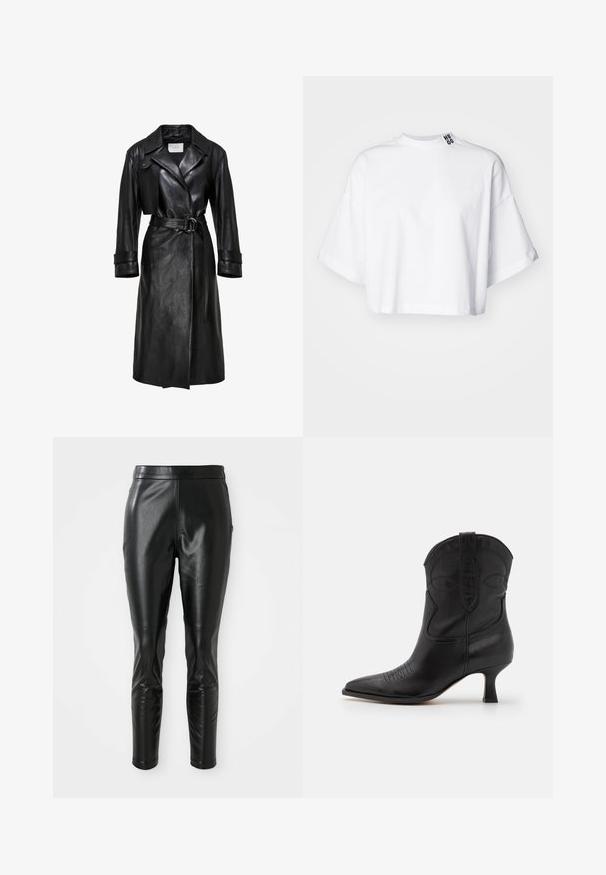 Sort læder trenchcoat med brede klaffer, belted talje med dobbelt-ring spænde, lange ærmer og manchetter med stropper.; Hvid cropped t-shirt lavet af bomuld, med brede korte ærmer og høj halsudskæring. Mærket "HUGO" er trykt med sort på kraven.; Sorte læderbukser med slim fit, der har en glat tekstur og en høj talje. Detaljer inkluderer knæaccentuer for ekstra design.; Sort læder cowboystøvle med spids tå, lav hæl og dekorativ pyntesyning på skaftet og tåområdet. Glat tekstur overalt.