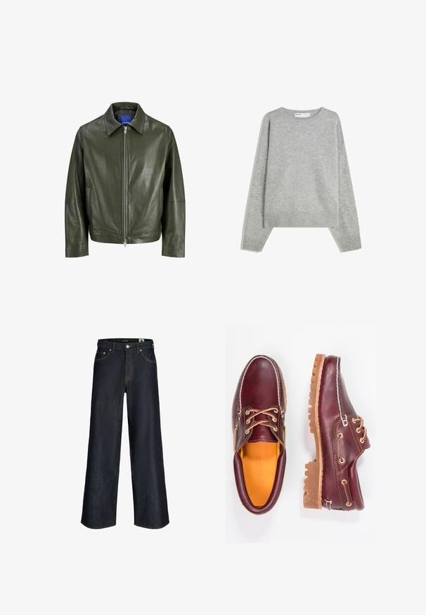 Veste en cuir vert olive avec un col pointu et une fermeture éclair à l'avant. Elle présente une texture de surface et des manches longues avec une coupe droite.; Pull en tricot gris avec un col rond, des poignets et un ourlet côtelés, offrant une coupe décontractée et une texture douce.; Jean en denim bleu foncé à jambes larges avec bouton à l'avant, poches et coutures orange visibles sur fond blanc.; Chaussures en cuir bourgogne avec semelles en caoutchouc marron, bout rond, couture blanche et œillets dorés. L'intérieur présente une doublure jaune.