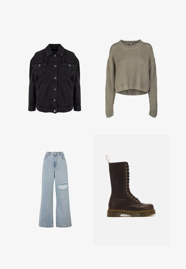 Sort denimjakke med metal knapper foran, to brystlommer med klapper og knapper samt klassisk krave.; Olivengrøn, kort striktrøje med et tekstureret mønster, rund hals og lange ærmer. Tykt ribkant ved kanten og ærmerne.; Lysvasket denim wide-leg jeans med høj talje, slidte områder og en rå kant. Blød tekstur med en løs pasform.; Høj mørkebrun læder snørestøvle med gule syninger, tyk rillede sål og trækstrop bagpå.