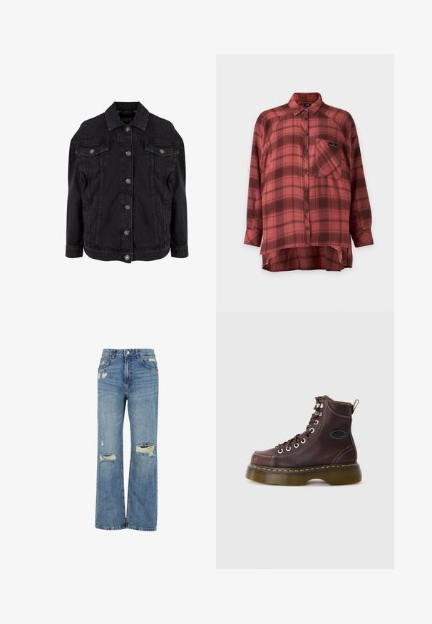 Schwarze Denimjacke mit Metallknöpfen vorne, zwei Brustklappentaschen mit Knöpfen und klassischem Kragen.; Rot und dunkelrot kariertes Langarmhemd mit Kragen und Brusttasche, hinten etwas länger geschnitten.; Hellblaue Jeans aus Denim mit hohem Bund, weit geschnittenem Bein, ausgefransten Rissen an den Knien und klassischem Fünf-Taschen-Design.; Braune Leder-Ankle-Boots mit strukturierten Oberflächen, silbernen Ösen und gelben Nähten. Verfügt über eine robuste, transparente Sohle und eine Zuglasche.