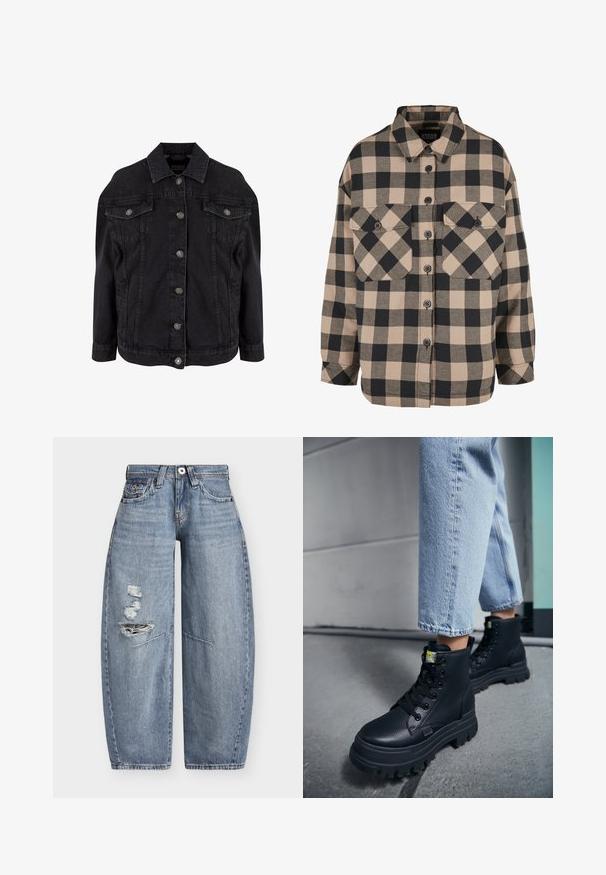 Schwarze Denimjacke mit Metallknöpfen vorne, zwei Brustklappentaschen mit Knöpfen und klassischem Kragen.; Beige und dunkelgrau karierte Flanellhemd. Verfügt über eine durchgehende Knopfleiste, zwei Brusttaschen und einen umklappbaren Kragen. Locker sitzendes Design.; Weit geschnittene blaue Jeans aus Denim mit hoher Taille und abgenutzten Rissen am linken Oberschenkel, mit Fronttaschen und Gürtelschlaufen.; Person, die hellblaue Jeans und schwarze klobige Schnürstiefel trägt und auf einem Betonboden nahe einer Wand steht.