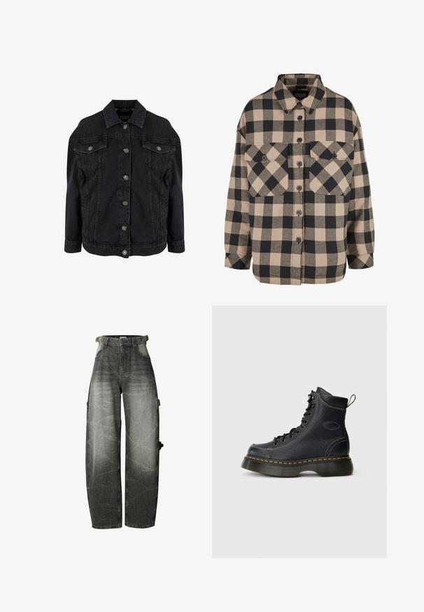Schwarze Denimjacke mit Metallknöpfen vorne, zwei Brustklappentaschen mit Knöpfen und klassischem Kragen.; Beige und dunkelgrau karierte Flanellhemd. Verfügt über eine durchgehende Knopfleiste, zwei Brusttaschen und einen umklappbaren Kragen. Locker sitzendes Design.; Schwarz gewaschene Jeans mit weitem Bein, hoher Taille, Fronttaschen und Gürtelschlaufen, mit einer Taschenapplikation am rechten Bein.; Schwarze Leder Schnürstiefel mit texturiertem Finish, gepolstertem Knöchel, gelben Nähten und einer stabilen Sohle, mit einer Zuglasche hinten.