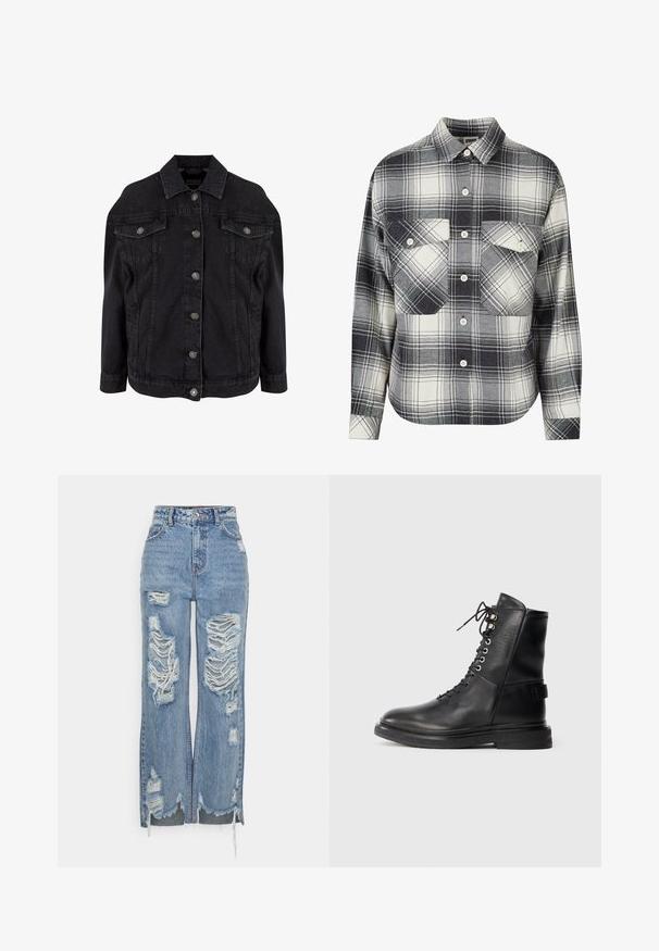 Sort denimjakke med metal knapper foran, to brystlommer med klapper og knapper samt klassisk krave.; Rutet flannel skjorte i sort, hvid og grå. Har knaplukning foran, to brystlommer og lange ærmer med knapmansjetter.; Blå højtaljede jeans lavet af denim, med store slidte lapper, rå kant og en løs pasform med sideslids ved anklerne.; Sort læder ankelstøvle med snørre i front, sølv øjer, tekstureret sort gummisål og polstret krave for komfort.