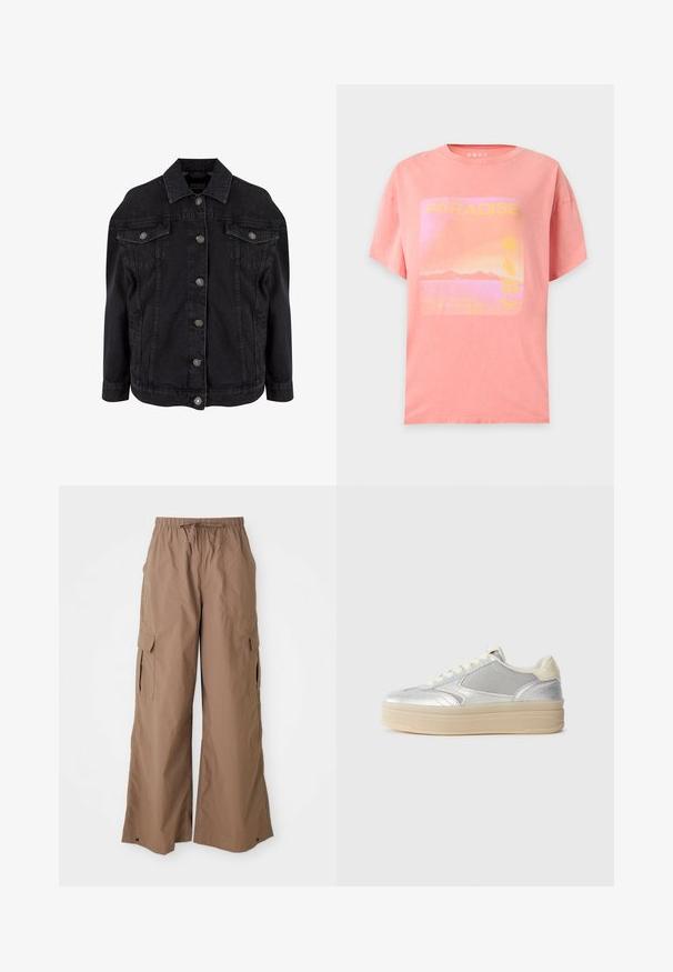 Sort denimjakke med metal knapper foran, to brystlommer med klapper og knapper samt klassisk krave.; Pink T-shirt med korte ærmer med en solnedgangsgrafik, der viser bjerge, en sol, blomster og ordet "PARADISE" i gule bogstaver.; Brune løse cargo-bukser med snor i taljen og sidelommer med klap, bred ben-design, præsenteret mod en hvid baggrund.; Sølv låg-top sneakers med beige tyk sål, creme snørebånd, meshnetsider og polstret krave på en ensfarvet hvid baggrund.